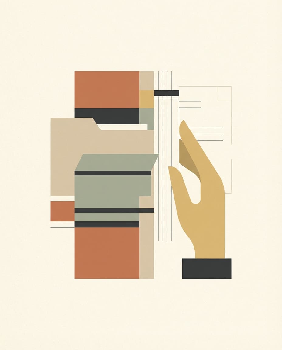 Abstract illustration of organized spending records being handed to an accountant.